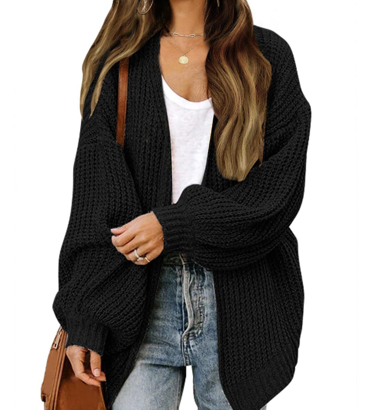 Women's Chunky Knit Cardigan – Oversized Wrap Style with Lantern Sleeves