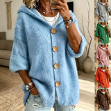 Women's Solid Colour Hooded Cardigan – Casual Long Sleeve Sweater with Buttons