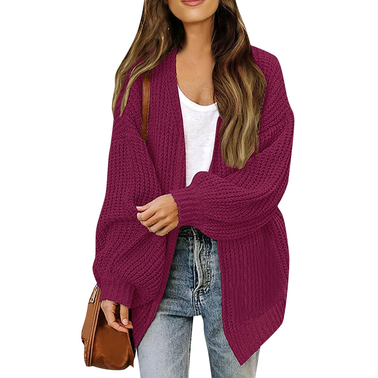 Women's Chunky Knit Cardigan – Oversized Wrap Style with Lantern Sleeves