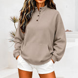 Casual button-up women's sweatshirt with a stand collar - Loose and comfortable