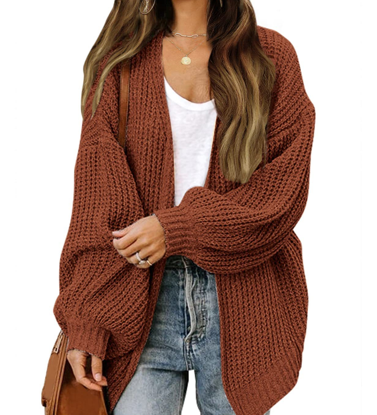 Women's Chunky Knit Cardigan – Oversized Wrap Style with Lantern Sleeves
