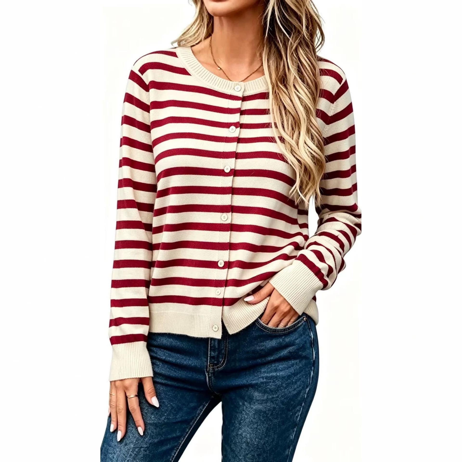 Women's Long Sleeve Striped Knit Cardigan – Casual, Comfortable, and Relaxed Fit