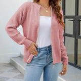 Women's solid-colour zip-up long-sleeve cardigan - Simple and comfortable