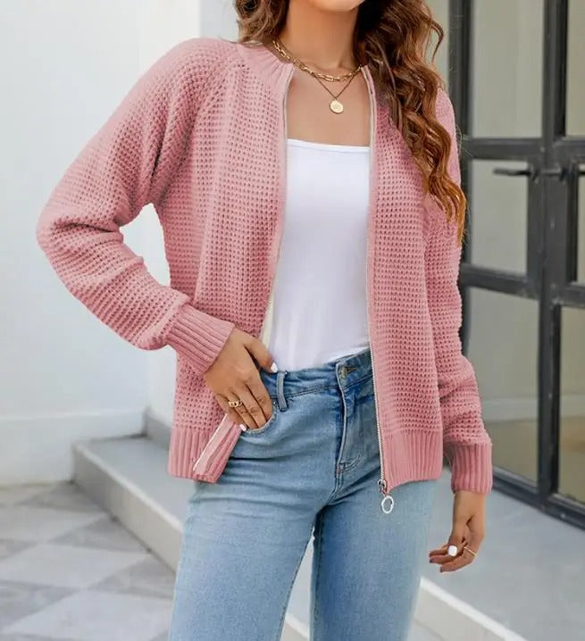 Women's solid-colour zip-up long-sleeve cardigan - Simple and comfortable