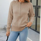 Women's solid-colour zip-up long-sleeve cardigan - Simple and comfortable