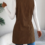 Women's Long Solid Colour Corduroy Gilet Jacket – Casual Double-Breasted Design with Pockets, Ideal for Layered Looks