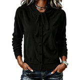 Women's button-front sweater with velvet bow - Soft and refined