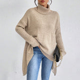 Irregular Turtleneck Sweater for Women – Loose Knitted Sweater with Long Sleeves