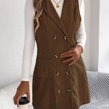 Women's Long Solid Colour Corduroy Gilet Jacket – Casual Double-Breasted Design with Pockets, Ideal for Layered Looks