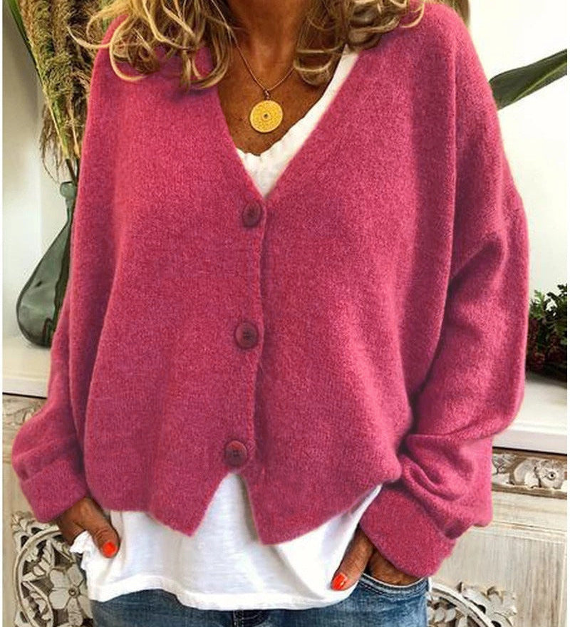 Women's Knitted Buttoned Cardigan with Soft Elegant V-Neck