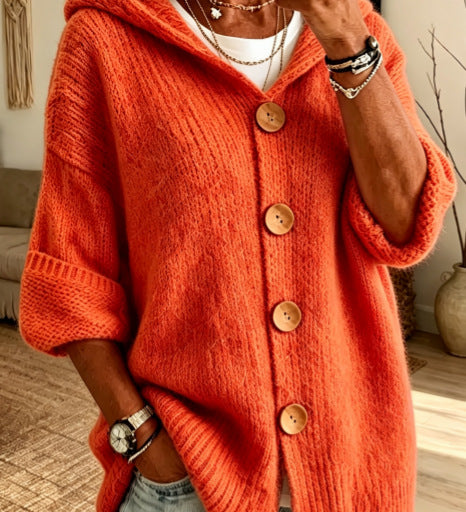 Women's Solid Colour Hooded Cardigan – Casual Long Sleeve Sweater with Buttons