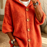 Women's Solid Hooded Cardigan – Casual Everyday Design in Long-Sleeved Knit with Buttons