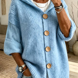 Women's Solid Colour Hooded Cardigan – Casual Long Sleeve Sweater with Buttons