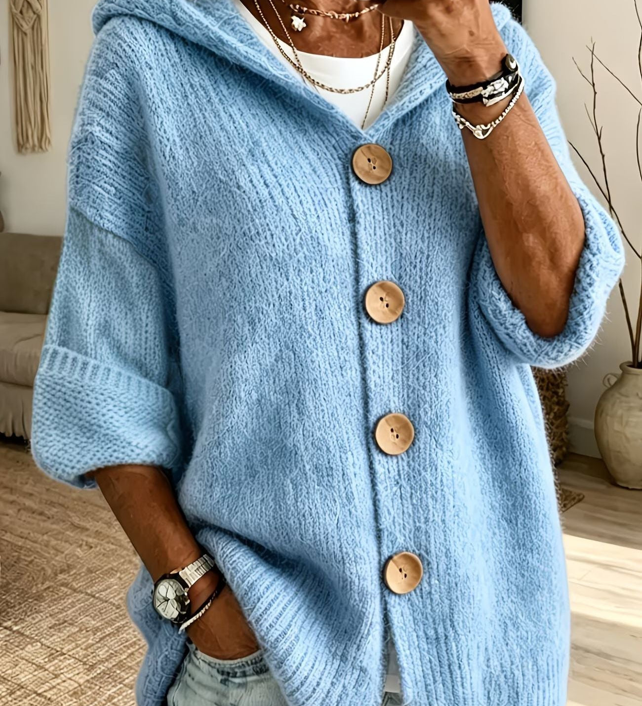 Women's Solid Hooded Cardigan – Casual Everyday Design in Long-Sleeved Knit with Buttons