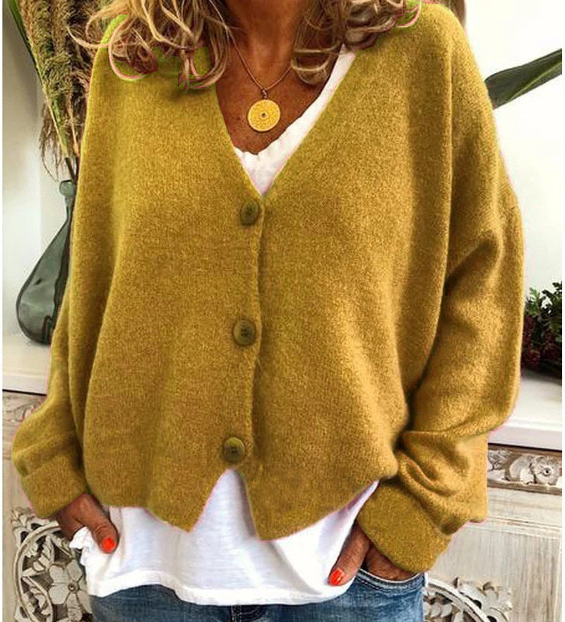 Women's Knitted Cardigan with Buttons, V-Neck, Soft and Elegant