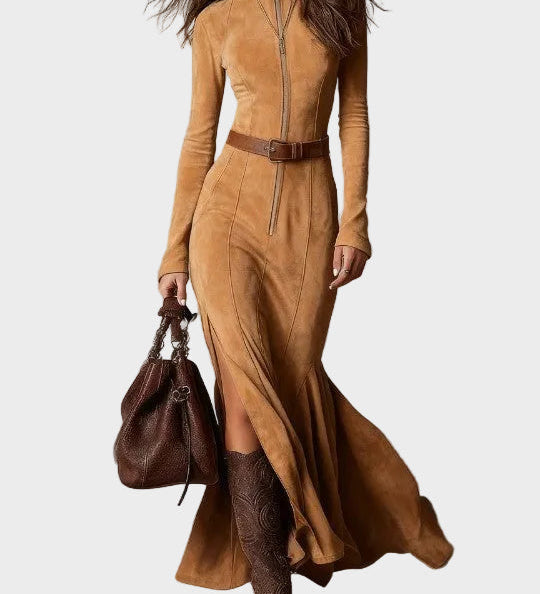Adrianna - Brown Suede Effect Maxi Dress with Belt and Zip