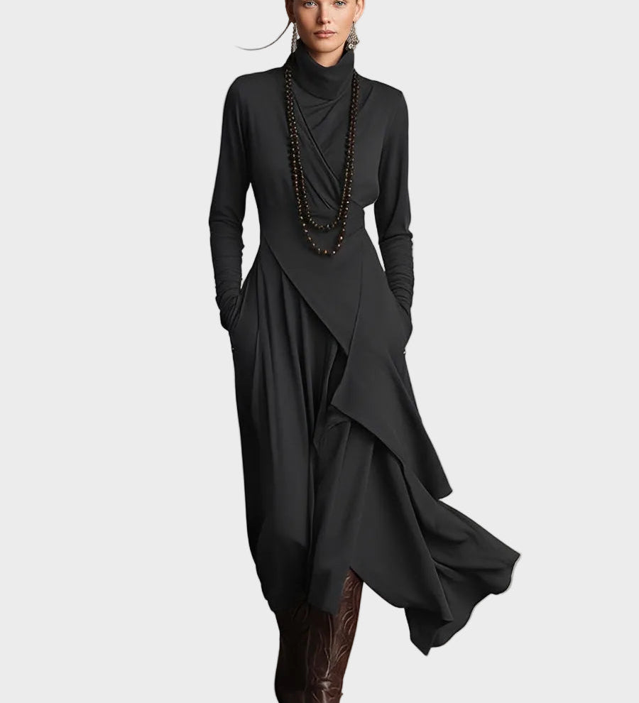 Teresa - Asymmetrical Maxi Dress in Knit with Roll Neck