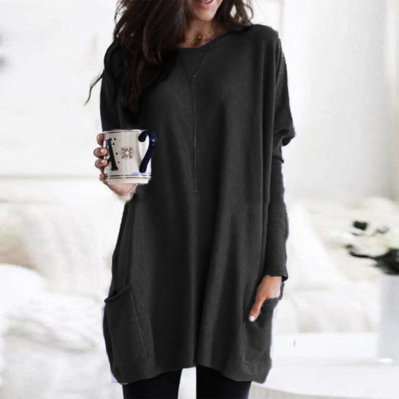 Women's Casual Cut Sweater Dress – Long Sleeves, Slightly Loose Round Neck