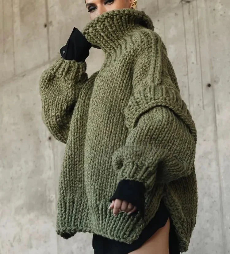 Chunky Turtleneck Sweater for Women – Oversized Knitted Sweater with Puff Sleeves