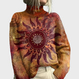 Knitted High Neck Jumper with Sun and Tribal Pattern